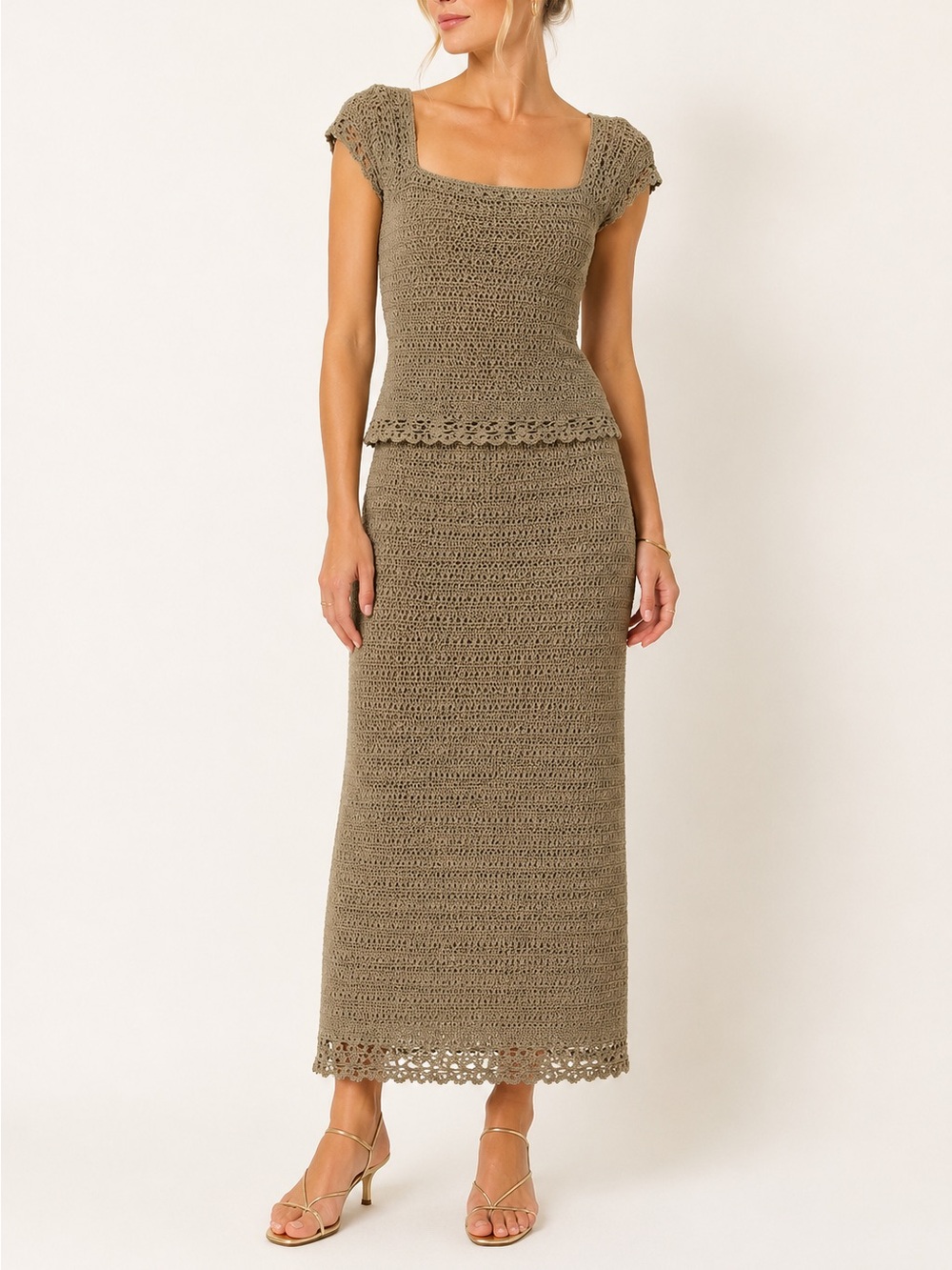 Vintage Alfani Crochet Knit Matching Top & Maxi Skirt Set Taupe Y2K Medium